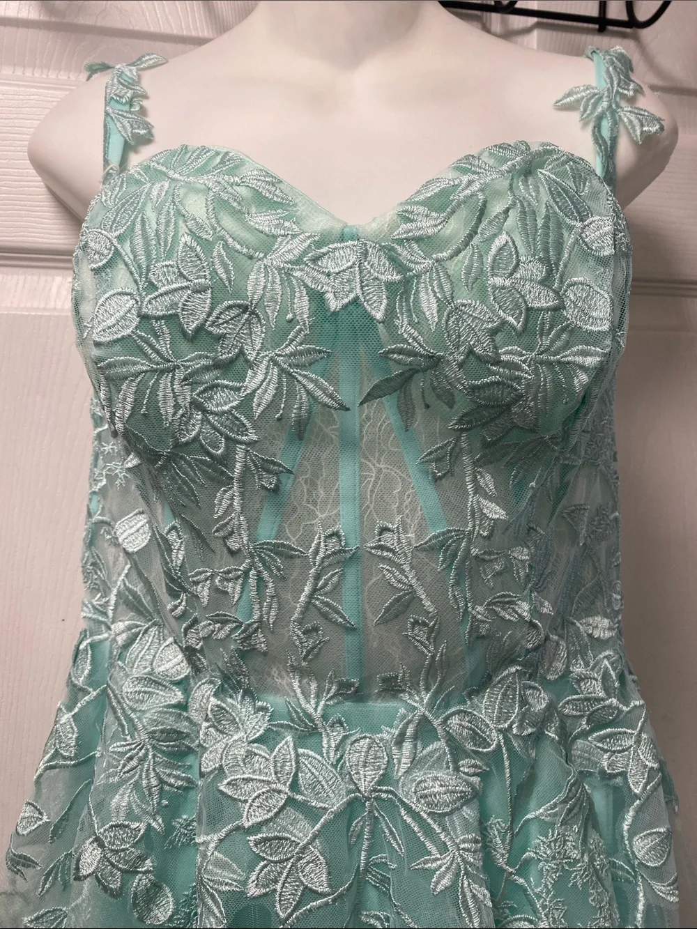Aqua Floral Appliqué Tulle Gown